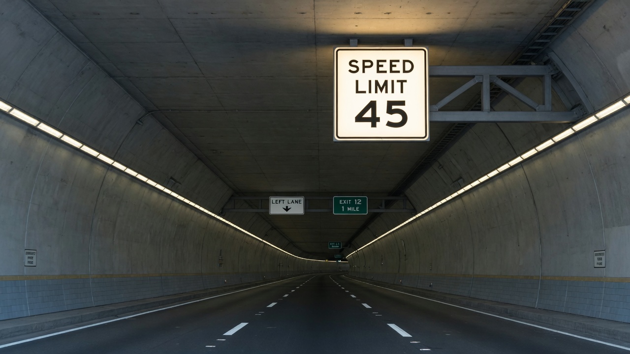Overhead illuminated speed limit sign in tunnel